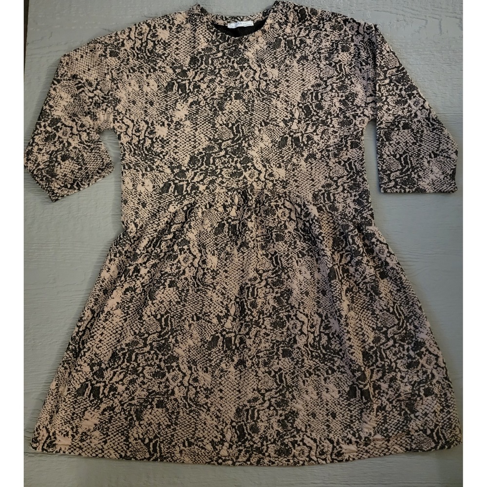 ♡Zara Basic Snakeskin Print Fit and Flare Mini Dress Tan Black Small 3/4 Sleeve